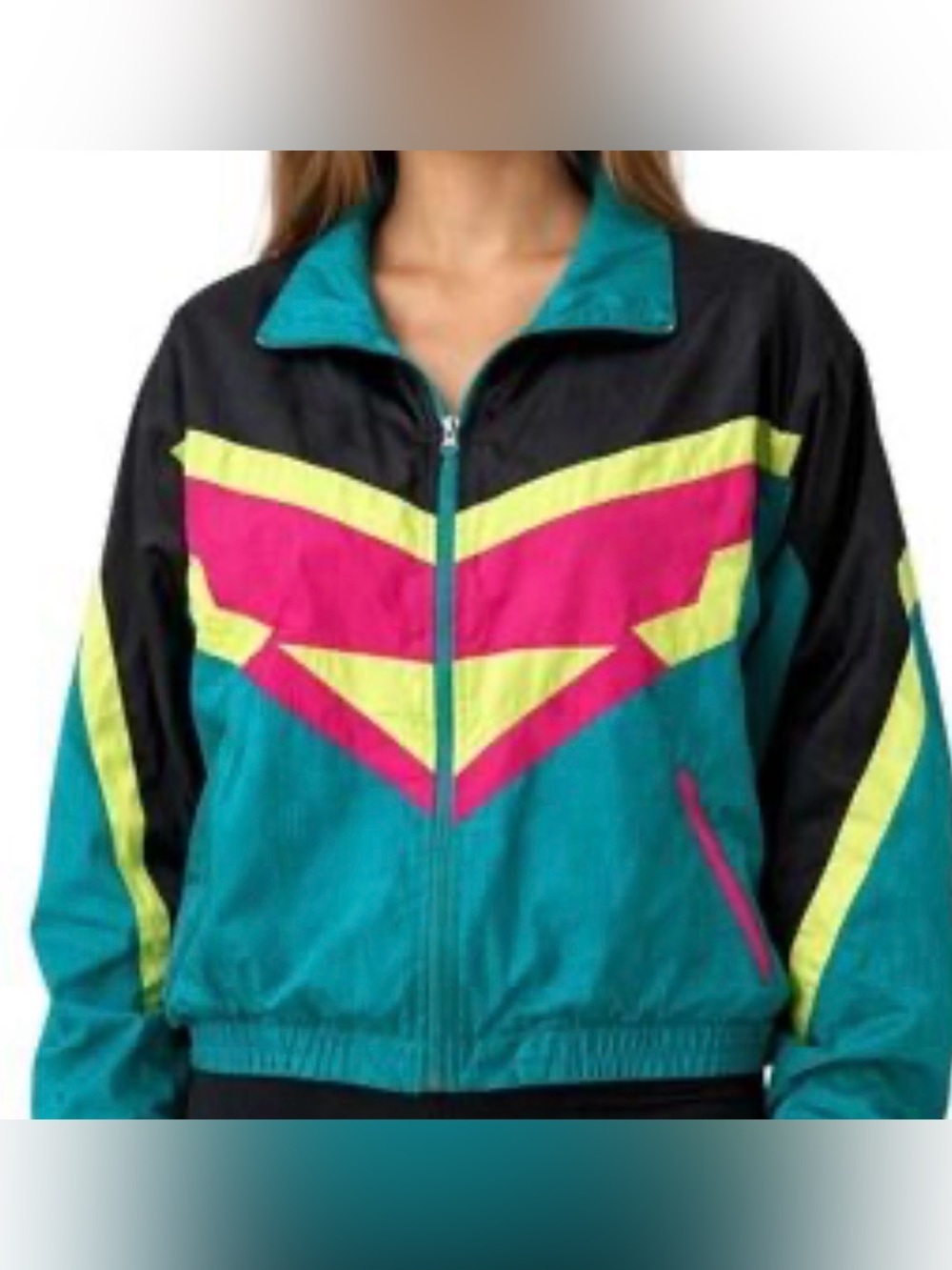 Vintage Colorblock Windbreaker Jacket — Teal, Hot Pink & Neon Green